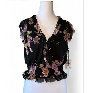 1.STATE NWT Black Floral Ruffle Sleeve Smocked Waist Blouse Medium